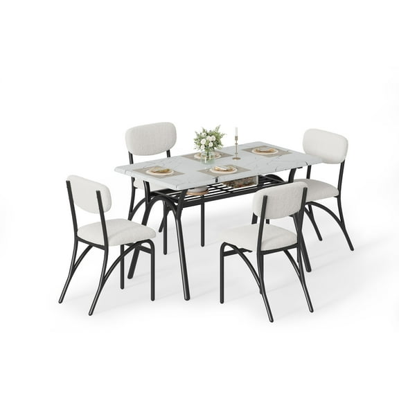 5 Piece Modern Dining Table Set for 4, Small Rectangular Kitchen Table with Open Shelf & 4 Boucle Upholstered Chairs, Compact Dining Room Furniture for Apartments, Small Spaces