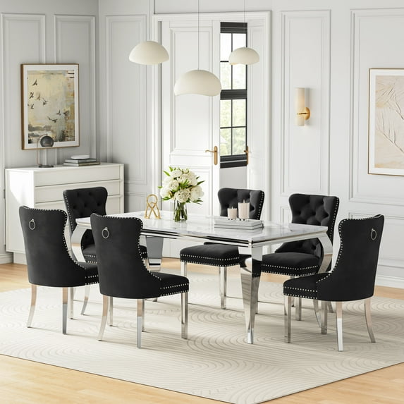 5-Piece Modern Dining Table Set, 70" Faux Marble Dining Table with S-Shaped Stainless Steel Legs, Ergonomic Velvet Dining Chairs with Stainless Steel Legs, for Living Room, Dining Room, Office