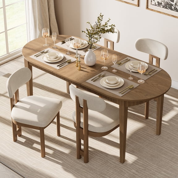 5 Piece Modern Dining Table Set, 73" Solid Wood Oval Dining Table with 4 Polyester Chairs, Dining Set with Fluted Apron for Kitchen & Dining Room
