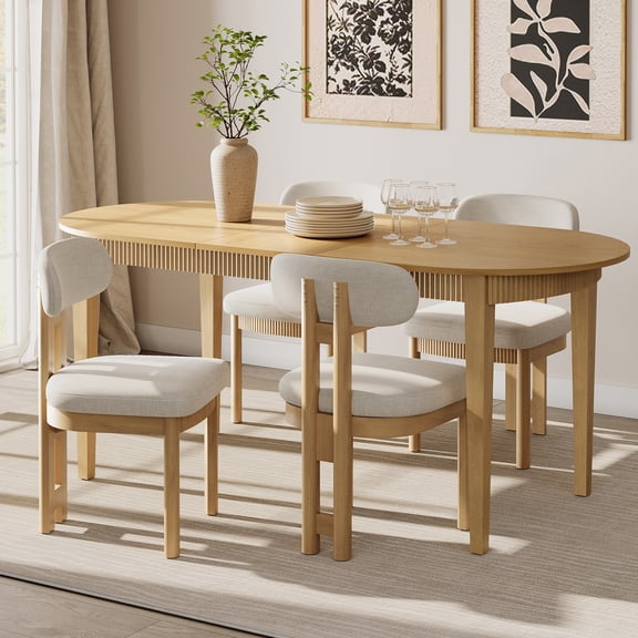 5 Piece Modern Dining Table Set, 73" Solid Wood Oval Dining Table with 4 Polyester Chairs, Dining Set with Fluted Apron for Kitchen & Dining Room