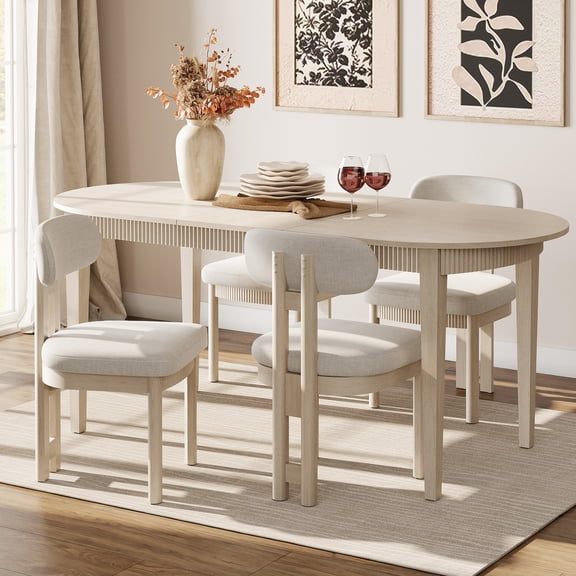 5 Piece Modern Dining Table Set, 73" Solid Wood Oval Dining Table with 4 Polyester Chairs, Dining Set with Fluted Apron for Kitchen & Dining Room