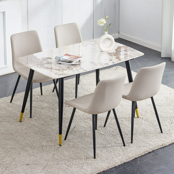 LUFTUT 5-Piece Modern Dining Table Set for 4, 48.5-Inch Sintered Stone Table & 4 Grey PU Leather Chairs, Sturdy Metal Legs, Kitchen & Small Space Dinette Set