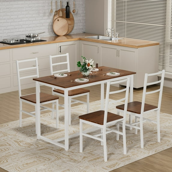 5-Piece Modern Dining Table Set for 4,Wood Kitchen Table Chairs Set for Small Place, Kitchen, Dining Room,Brown+White