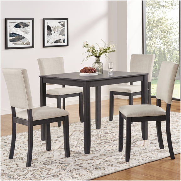 5-Piece Modern Dining Table Set with 4 Upholstered Chairs, Antique Black Wood Kitchen Table Set for Small Space, Square Dining Room Furniture