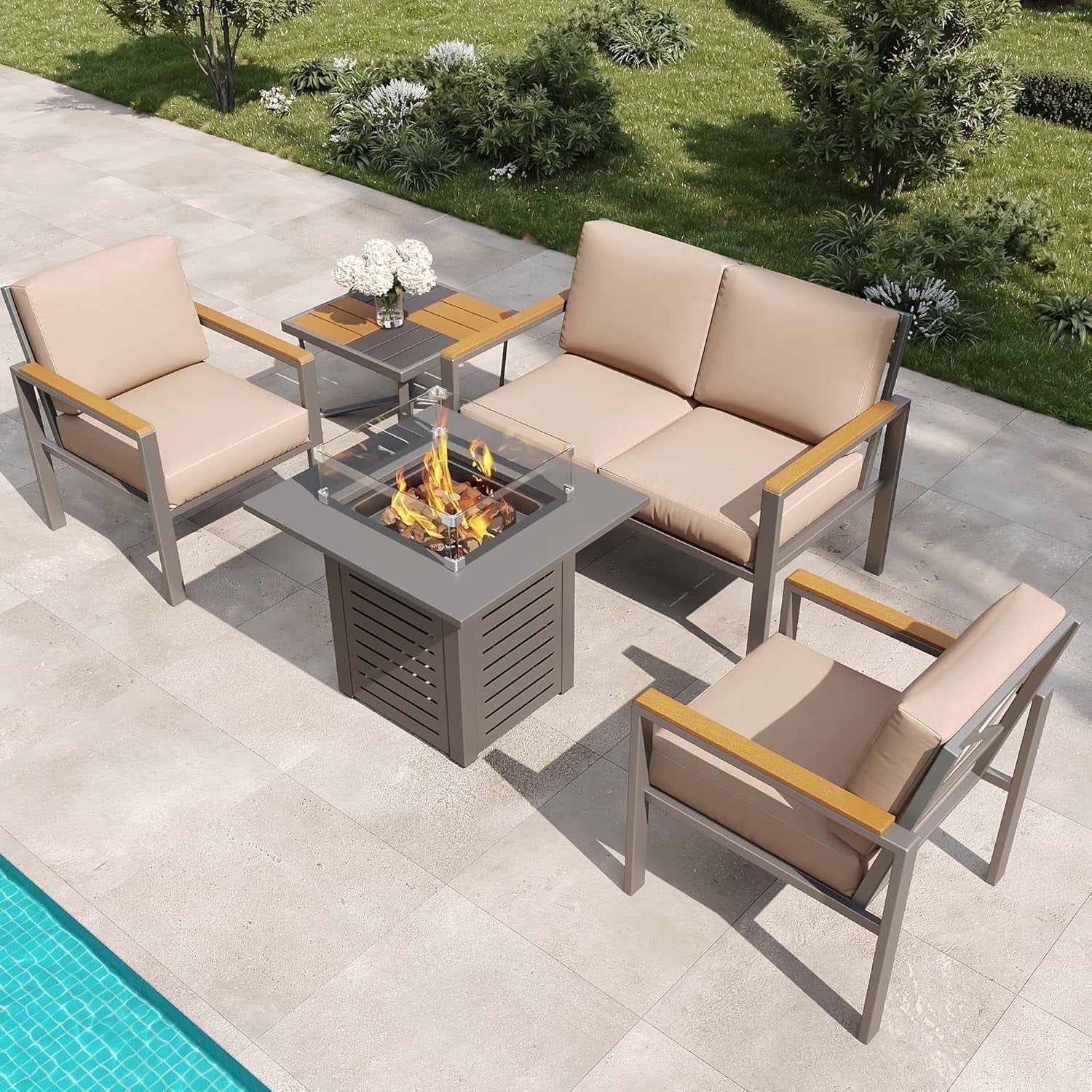 5-Piece Modern Patio Furniture Set with Fire Pit Table, Metal Outdoor Sectional with Cushions & Wood-Like Armrests, Cozy Conversation Set for Porch, Balcony, Garden, Yard (Gray)