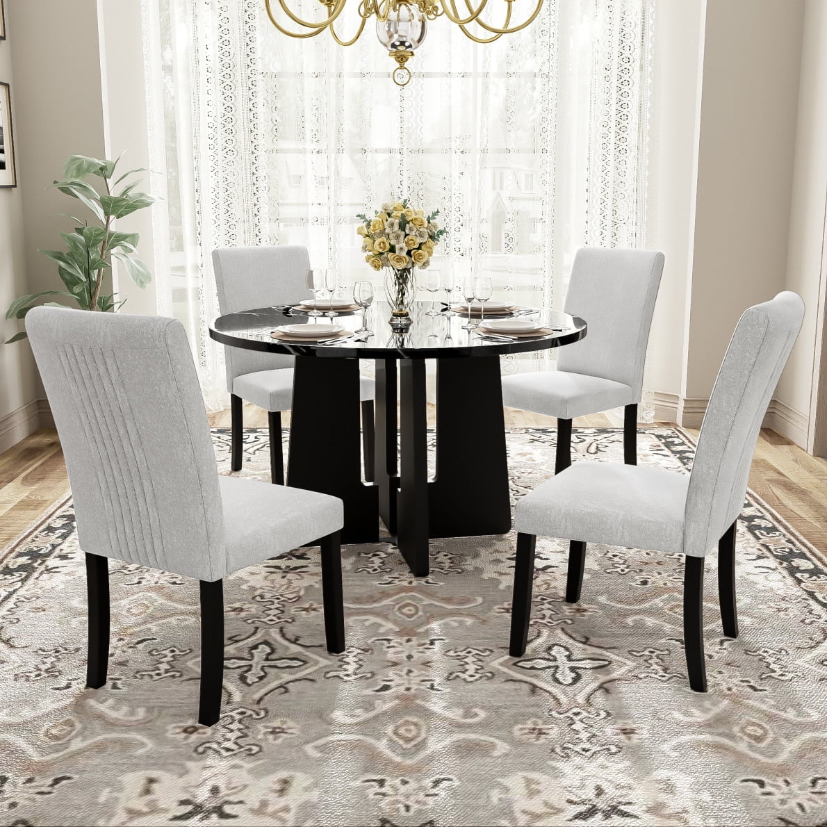 5-Piece Modern Round Dining Table Set with 4 Upholstered Chairs, 43-Inch Beige+Black Kitchen ...