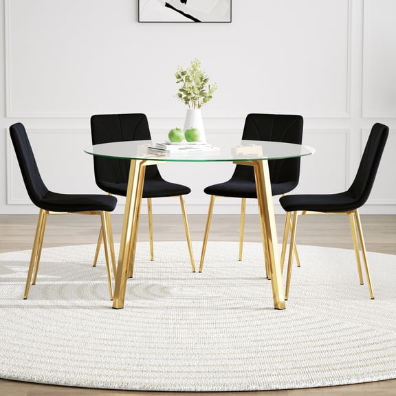 5-Piece Modern Round Glass Dining Set, Transparent Table + 4 Black Velvet Chairs (Gold-Plated Metal Legs), Elegant, for Dining Room, Kitchen