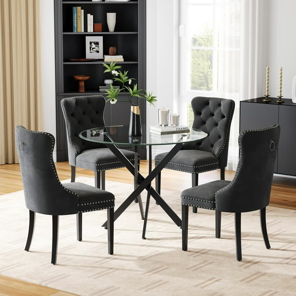 5-Piece Modern Round Glass Dining Table Set, 36" Clear Tempered Glass Top with Black Velvet Nailhead Trim Chairs, for Dining Rooms, Living Rooms, Small Spaces