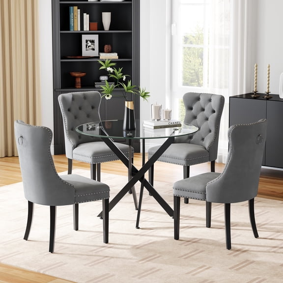 5-Piece Modern Round Glass Dining Table Set, 36" Clear Tempered Glass Top with Gray Velvet Nailhead Trim Chairs, for Dining Rooms, Living Rooms, Small Spaces