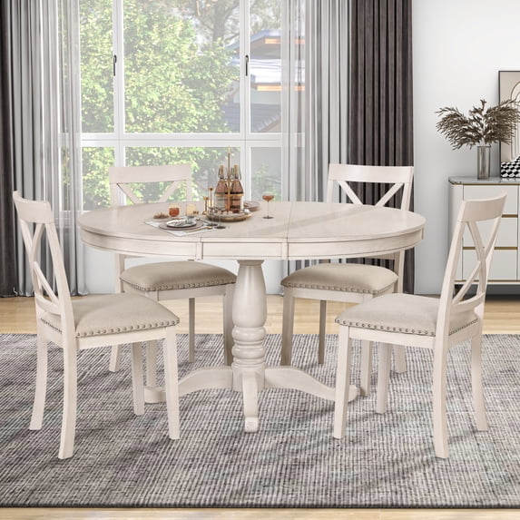 5 Piece Modern Solid Wood Dining Room Set with 4 Chairs, Simple Style Kitchen Table Set with Table and 4 Cross Back Chairs, Round Table with Chairs for Dining Room (Antique White)