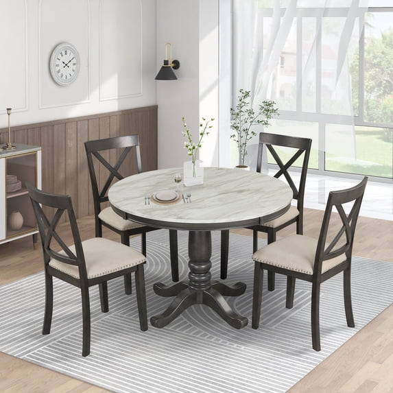 5 Piece Modern Solid Wood Dining Room Set with 4 Chairs, Simple Style Kitchen Table Set with Table and 4 Cross Back Chairs, Round Table with Chairs for Small Places (Gray)