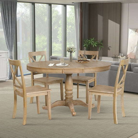 5 Piece Modern Solid Wood Dining Room Set with 4 Chairs, Simple Style Kitchen Table Set with Table and 4 Cross Back Chairs, Round Table with Chairs for Dining Room (Natural Wood Wash)