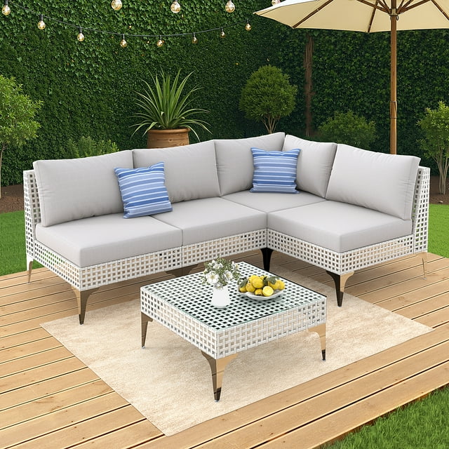 5Piece Modular Patio Furniture Set with Fire Pit Table, Outdoor