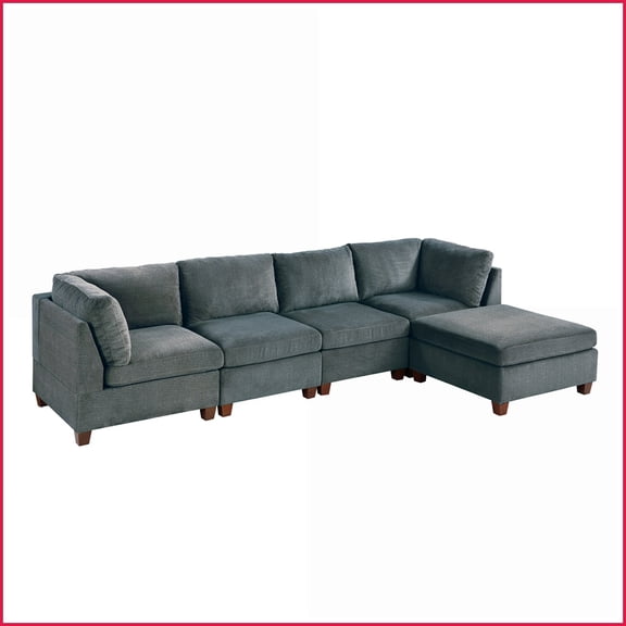5-Piece Modular Sofa Set with Ottoman – Gray Chenille Fabric, Wood Frame for Living Room | Gray | Chenille | Round Arms