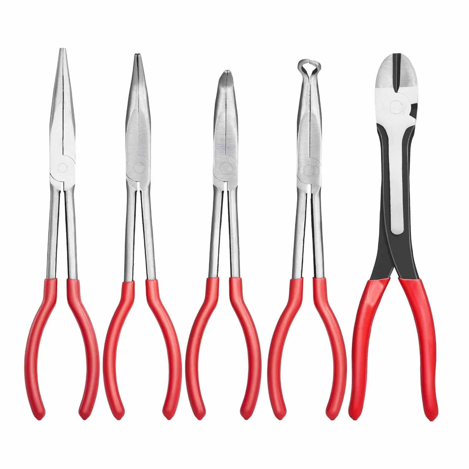 5 Piece Needle Nose Pliers, 11 in Long Needle Nose Pliers Set, Diagonal Cutting Pliers, Bent Nose Plier, Round Nose Plier, Long Nose Plier, Professional Pliers Set with Storage Bag