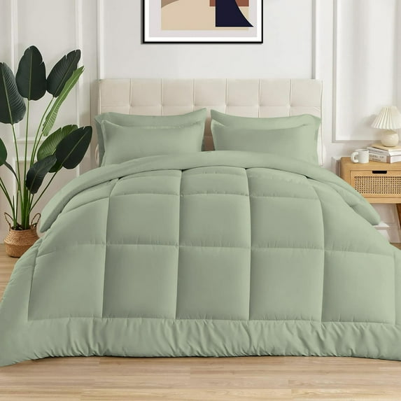 5 Piece New Fluffy Pattern Comforter Set, 800 TC, 100% Egyptian Cotton, King/California King Size Light Sage Solid
