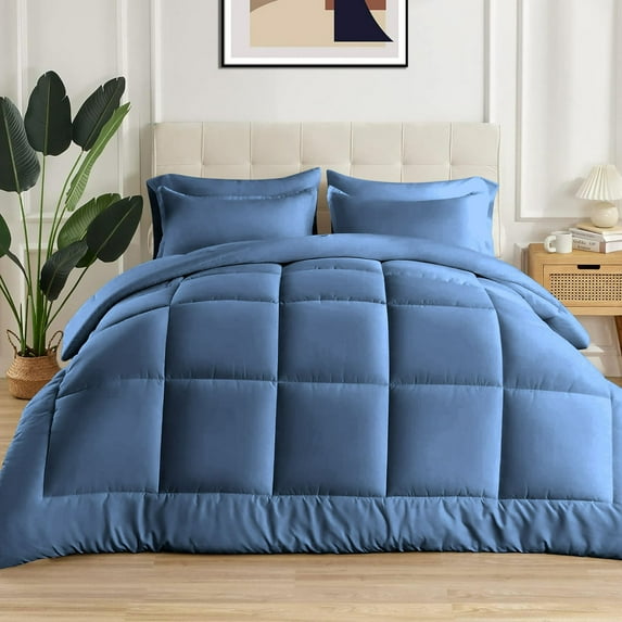 5 Piece New Fluffy Pattern Comforter Set, 800 TC, 100% Egyptian Cotton, King/California King Size Medium Blue Solid