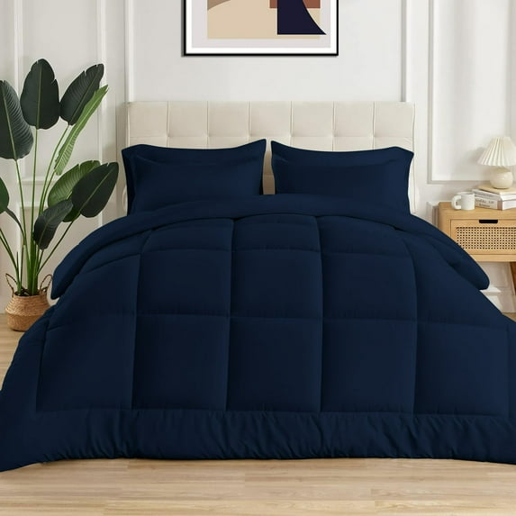 5 Piece New Fluffy Pattern Comforter Set, 800 TC, 100% Egyptian Cotton, King/California King Size Navy Solid