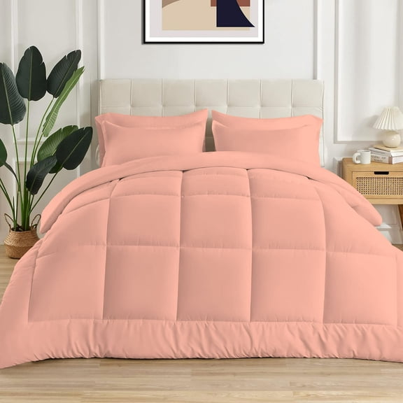 5 Piece New Fluffy Pattern Comforter Set, 800 TC, 100% Egyptian Cotton, Oversized Super King Size Peach Solid