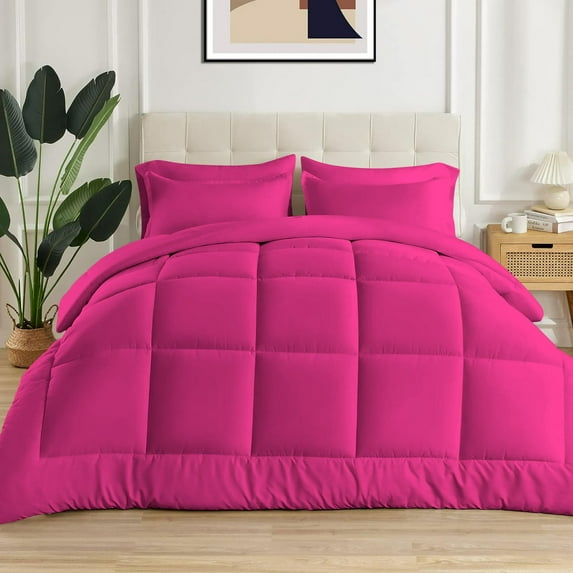 5 Piece New Fluffy Pattern Comforter Set, 800 TC, 100% Egyptian Cotton, Twin/Twin XL Size Hot Pink Solid