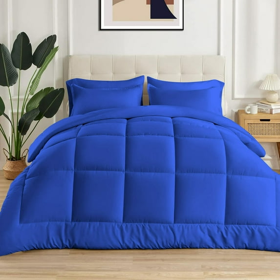 5 Piece New Fluffy Pattern Comforter Set, 800 TC, 100% Egyptian Cotton, Twin/Twin XL Size Royal Blue Solid