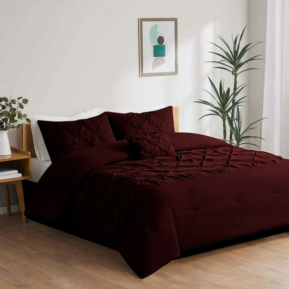 5 Piece New Half Pinch Pleated Pattern Comforter Set, 800 TC, 100% Egyptian Cotton, King/California King Size Wine Solid