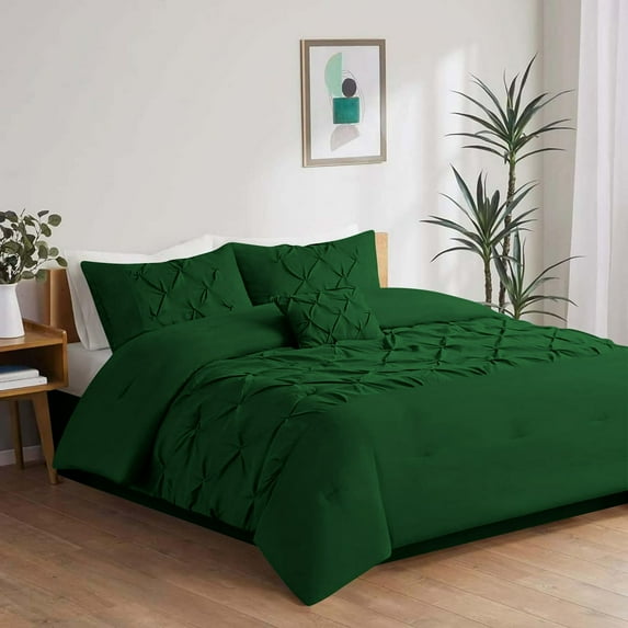 5 Piece New Half Pinch Pleated Pattern Comforter Set, 800 TC, 100% Egyptian Cotton, Oversized Super King Size Green Solid