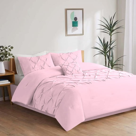 5 Piece New Half Pinch Pleated Pattern Comforter Set, 800 TC, 100% Egyptian Cotton, Super King Size Light Pink Solid