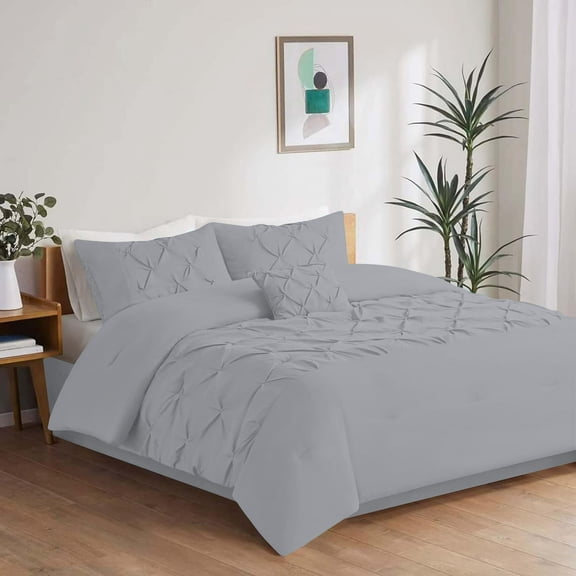 5 Piece New Half Pinch Pleated Pattern Comforter Set, 800 TC, 100% Egyptian Cotton, Super King Size Silver Solid