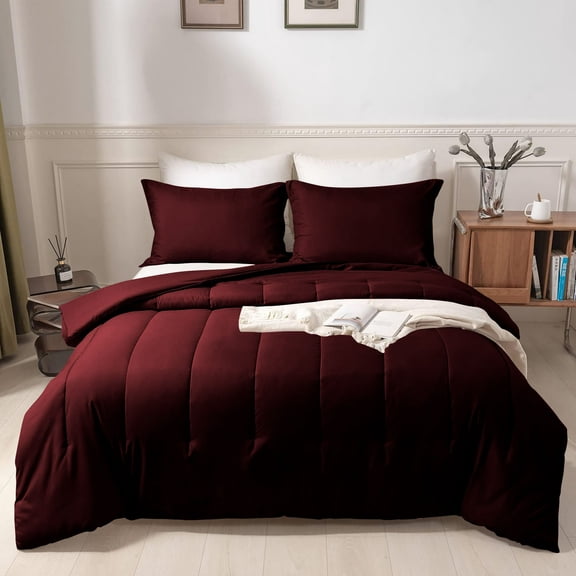 5 Piece New Straight Line Pattern Comforter Set, 800 TC, 100% Egyptian Cotton, Twin/Twin XL Size Wine Solid