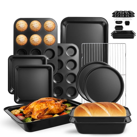5-Piece Nonstick Baking Pans Set - Professional Grade Carbon Steel Bakeware with Premium Coating- Dishwasher Safe, Stackable, Oven Safe to 450°F (Black-5PCS)
