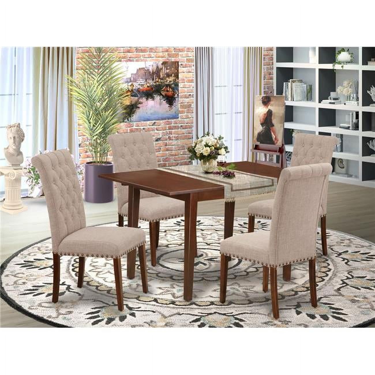 Mahogany Extendable Dining Table with Light Fawn Linen Chairs
