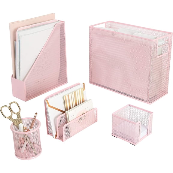 5 Piece Office Supplies Pink Desk Organizer Set - with Desktop Hanging File Organizer, Magazine Holder, Pen Cup, Sticky Note Holder, Letter sorter - Pink Desk Accessories for Women Office