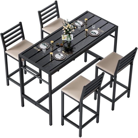 5 Piece Outdoor Bar Table & Chairs Set, 50" Rectangular Height Dining Table Set with 4 Bar Chairs Soft Seat with Backrest, High Metal Breakfast Table, High Top Table & Chairs for Kitchen, Restaurant