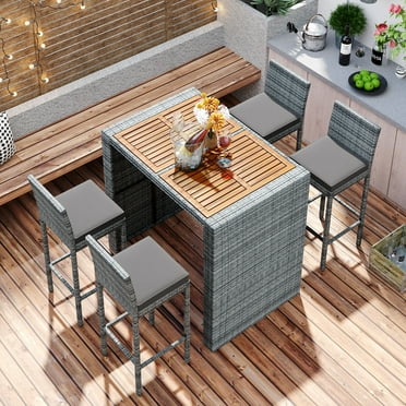 5-Piece Outdoor Bar Table and Chairs Set, Wood Bar Height Table & 4 Bar Stool Chairs with Backrest and Footrest, Removable Cushions, Patio Bar Set for Garden, Balcony, Poolside, Gray