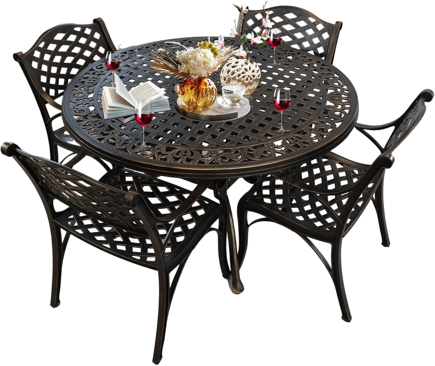 5 Piece Outdoor Dining Set for 4 Person,Cast Aluminum Patio Table and Chairs Set,All-Weather Round 48" Patio Dining Table with 2.36" Umbrella Hole,Patio Furniture Dining Set for Balcony Garden,Bronze