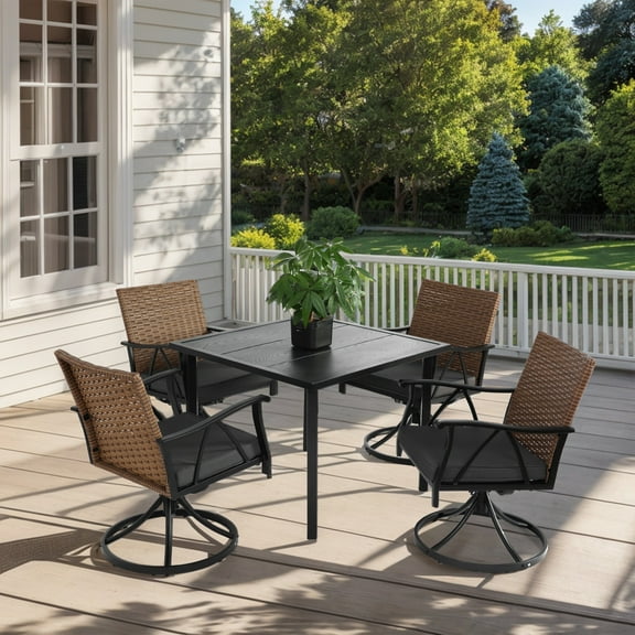 5-Piece Outdoor Dining Set for 4: Steel Table with Umbrella Hole & Adjustable Legs, 4 360-Degree Swivel Rocker Chairs with Removable Cushions, Durable Wicker Furniture for Backyard/Deck/Poolside