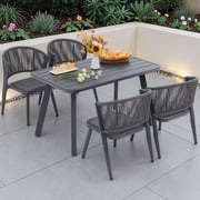 5-Piece Outdoor Dining Set, 51.2 Rectangular Aluminum Table & 4 Hand-Woven Wicker Chairs with 3-Layer Breathable Cushions, Rustproof All-Weather Patio Furniture for Garden & Deck