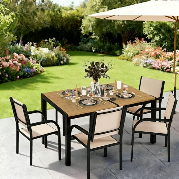 5 Piece Outdoor Dining Set, Patio Dining Table Set,Includes a Plastic-Wood Tabletop and Two Teslin Fabric Swivel Chairs, Suitable for Patios and Patios.