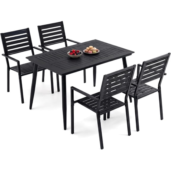5 Piece Outdoor Dining Set All Weather Patio Dining Set with HDPE Wood-Like Tabletop, Rustproof Metal Outdoor Table and Chairs with 4 Stackable Chairs for Garden Backyard, Black