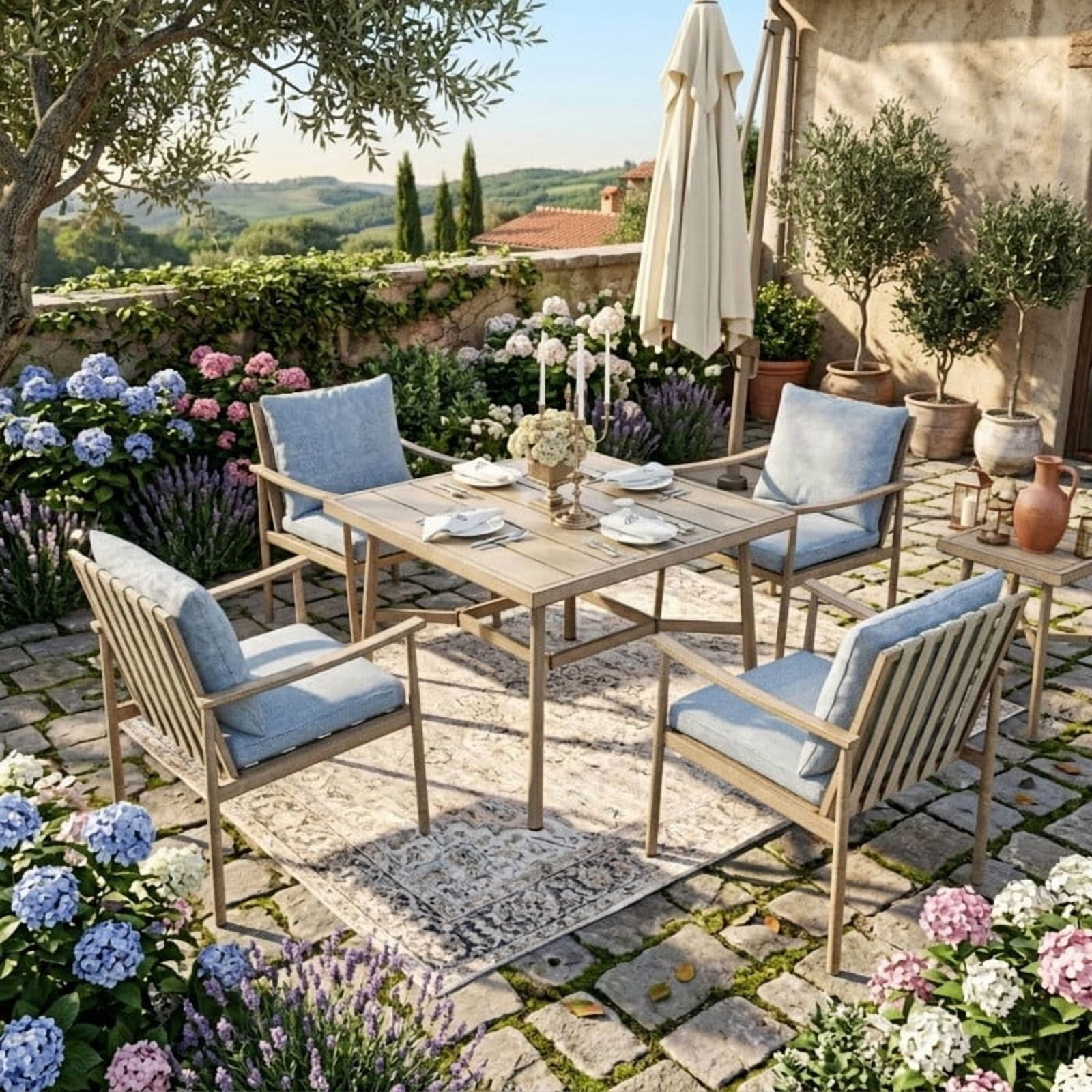 5-Piece Outdoor Dining Set for 4, Aluminum Patio Dining Set Includes 1 Large Square Table with Umbrella Hole and 4 Dining Chairs