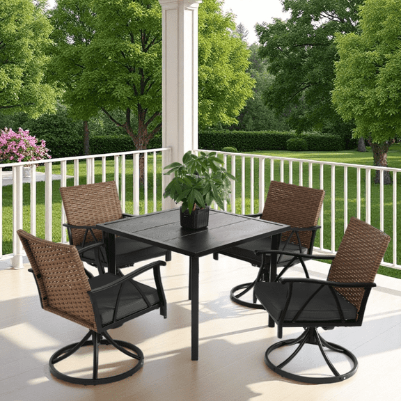 5 Piece Outdoor Dining Table Set Patio Furniture Set for 4 with High-Back Rattan Wicker Conversation Set Outdoor Sectional with Swivel Chairs & Steel Table with Umbrella Hole, Beige