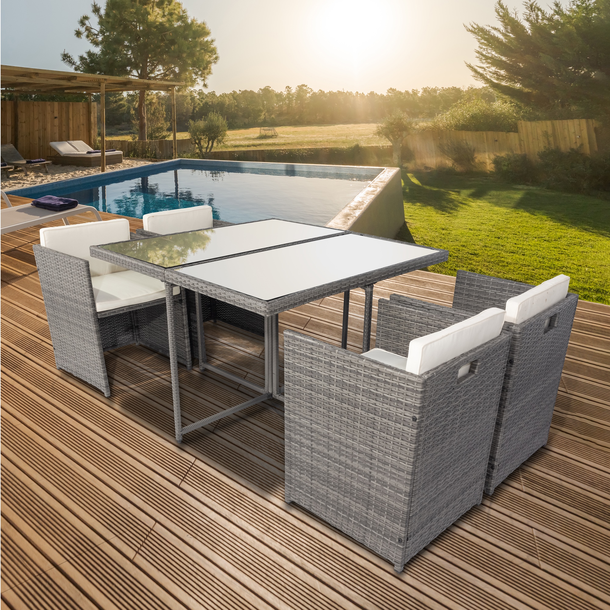 5 Piece Outdoor Dining Table Set, Sesslife Gray Rattan Patio Furniture
