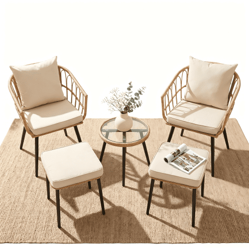 5-Piece Outdoor PE Rattan Wicker Conversation Bistro Set, All-Weather Small Patio Furniture with 2 Chairs, 2 Ottomans and Coffee Table for Balcony, Porch, Deck, Yard and Poolside