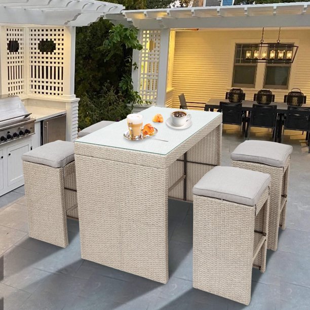 5Piece Outdoor Patio Bar Set, Rattan Wicker Counter Height Dining