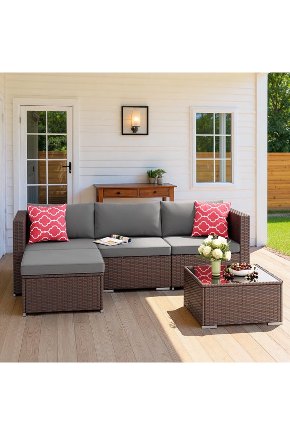 Patio Furniture Set, 5 Piece Wicker Outdoor Sectional Conversation Set with Coffee Table for Poolside, Backyard, Gray
