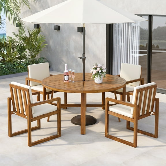 5-Piece Outdoor Patio Dining Set Acacia Wood Table Chairs Set Patio Bar Height Table with 4 Armchairs Set Outdoor Furniture for Garden, Balcony, Backyard