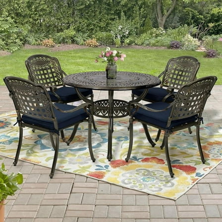 5-Piece Outdoor Patio Dining Set, All-Weather Cast Aluminum Furniture Conversation Set, Include 4 Cushioned Chairs and a 38.5" Round Table with Umbrella Hole for Balcony, Lawn, Navy Blue