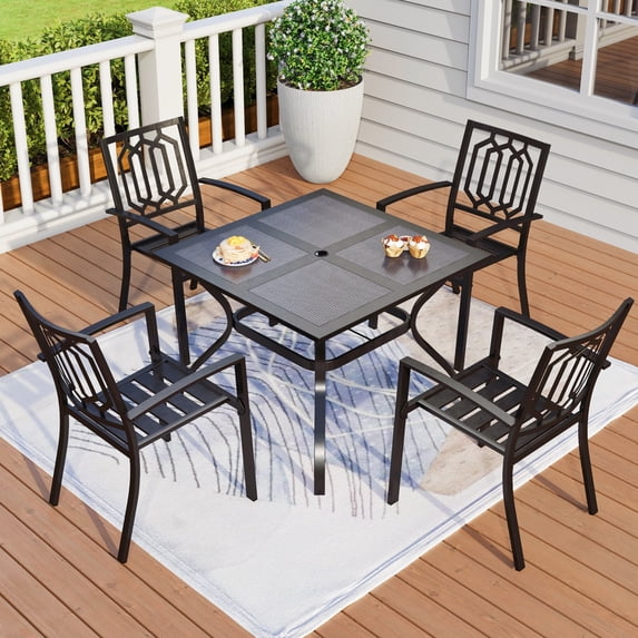 5-Piece Outdoor Patio Dining Set, All-Weather Metal Steel Furniture with Stacking Chairs & Square Table with Umbrella Hole, Black