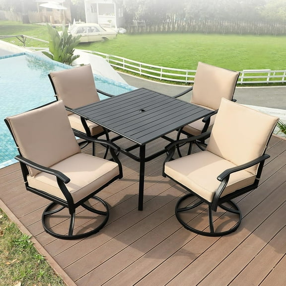 5-Piece Outdoor Patio Dining Set, Outdoor Patio Swivel Chair&Square Metal Patio Table, Outdoor Furniture Dining Set for Patio, Balcony, Lawn, Garden, Backyard (1 Square Table+ 4 Swivel Chairs)
